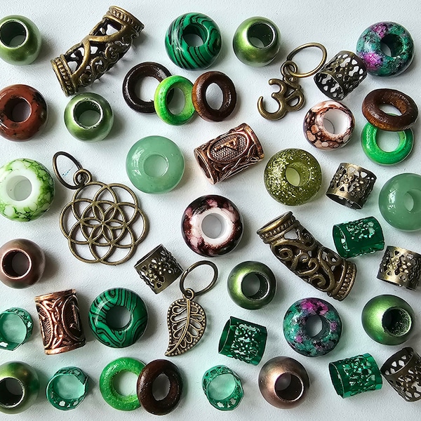 42 Crystal, Green & Bronze Dreadlock Bead Pack with Aventurine, Malachite, Ruby Zionite and Jasper Gem Stones, Charms, Beads, Cuffs