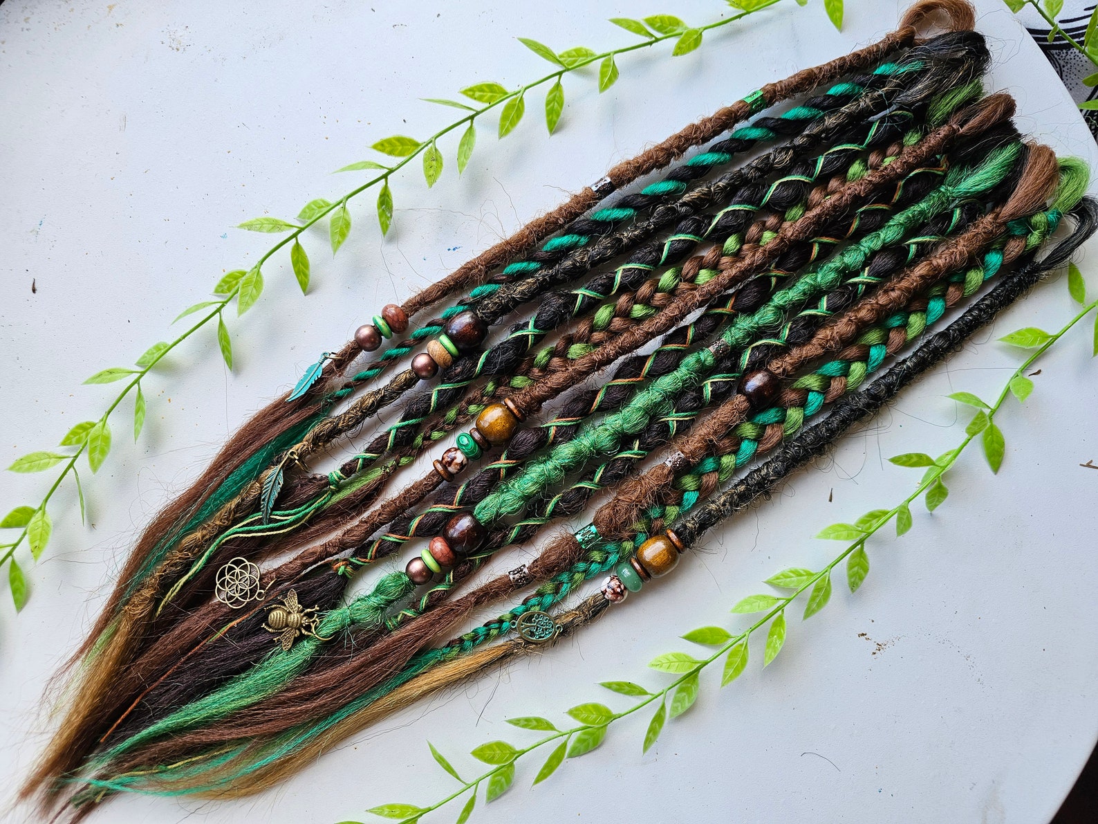Long Green & Brown Dread Extensions With Crystals ( 12 X 20 Inch ...