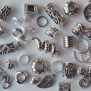 40 x Silver Dread Bead Pack with Serpent, Runes, Spirals, Beads & Cuffs. Om, Tree of Life and Leaf Pendants