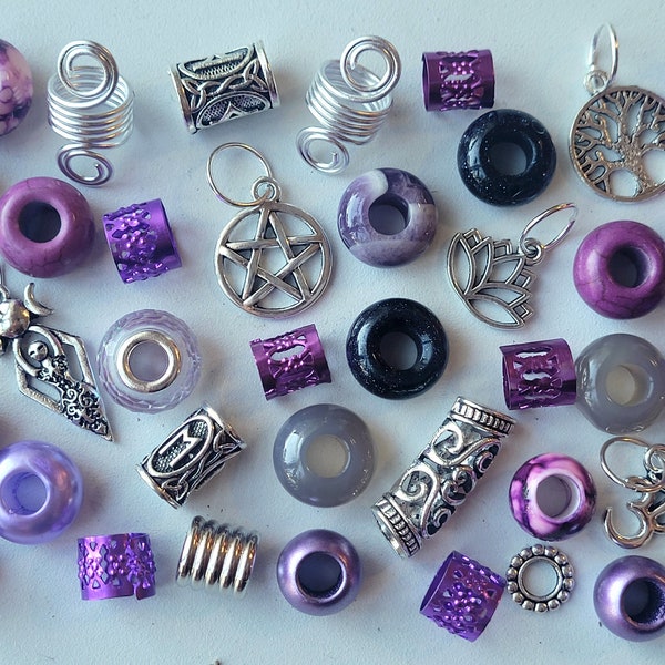 40 Witchy, Purple, Crystal, Gypsy Dread Bead Pack. Amethyst Quartz, Black Goldstone, Runes, Goddess, Pentagram, Lotus & Tree of Life Charms