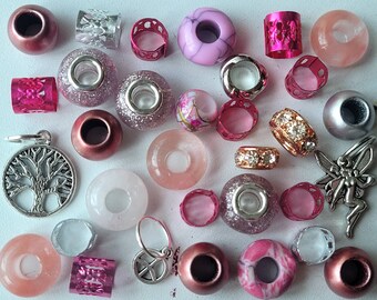 Mixed Pinks Dreadlock Bead Pack, with Rose Quartz & Strawberry Quartz Crystal Gemstones, Pendants, with 32 Beads and Rings