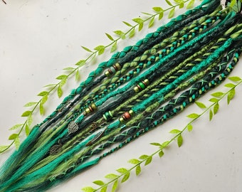 12 Green Long Dread Extensions. Crystals, Cuffs, Beads, Braids and Charms. Hippie Synthetic Dreadlocks extra long. Festival hair style