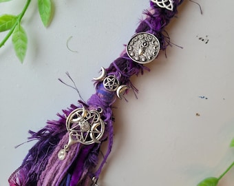 Long Amethyst Crystal Hair Wrap with Triple Moon, Goddess and Pentagram Charms. Deep mixed dark purple, Witchy Gem StoneFairy Loc