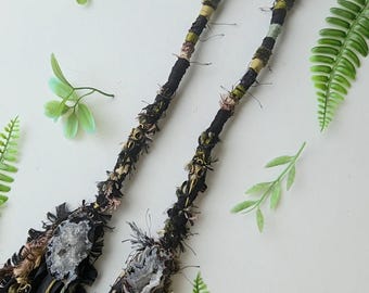 Raven Skull & Agate Druzy Gothic, Viking Hair Wrap Extension with Sun and Raven Charms in Black and Dark Earthy brown and bronze