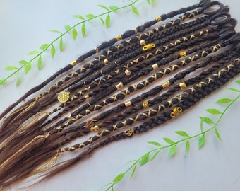 12 Long Ombre Dreadlock Extensions with Leaf, Om and Sacred Geometry Seed of Life Charms, Gold Beads, Cuffs & Coils