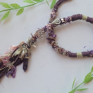 Long Amethyst Hair Wrap Extension with Triple Moon Goddess, Fae, Lotus and Leaf & Crystal Charms in Earthy Aubergine, Green and Apricot