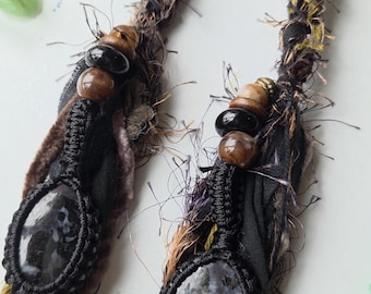 Onyx, Black Spectoralite Crystal Hair Wrap. Black & Brown Fairy Loc Extension, Sun Moon and Macrame Pendants. Gothic bohemian dread.