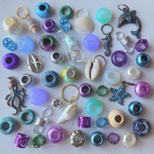 Mermaid 50 x Gemstone & Mixed Dread Bead Pack. Cuffs, Charms and Crystal Dreadlock Beads. Crystal Braid Beads in purple green blue