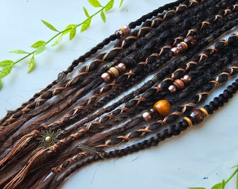 Brown Ombre Dreadlock Extensions, Goldstone, Jasper & Tigers Eye Crystals, Cuffs, Charms,  Beads, Braids and Wraps. Long Synthetic Dreads