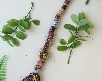 Long, Amethyst, Hair Wrap Extension in Mixed Brown and girly Tones. Crystal Witchy Dreadlock Extension, Dread Wrap. Sun and Moon Charm