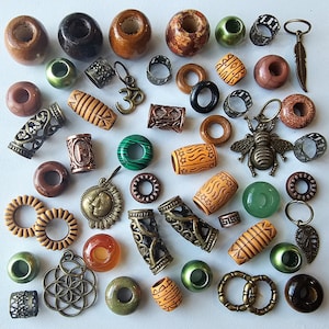 Earthy, 50 Dread Bead Pack with Crystal Gemstones, Beads, Cuffs, Runes and Pendants. Braid Beads, Hippie Style Dreadlock Accessories