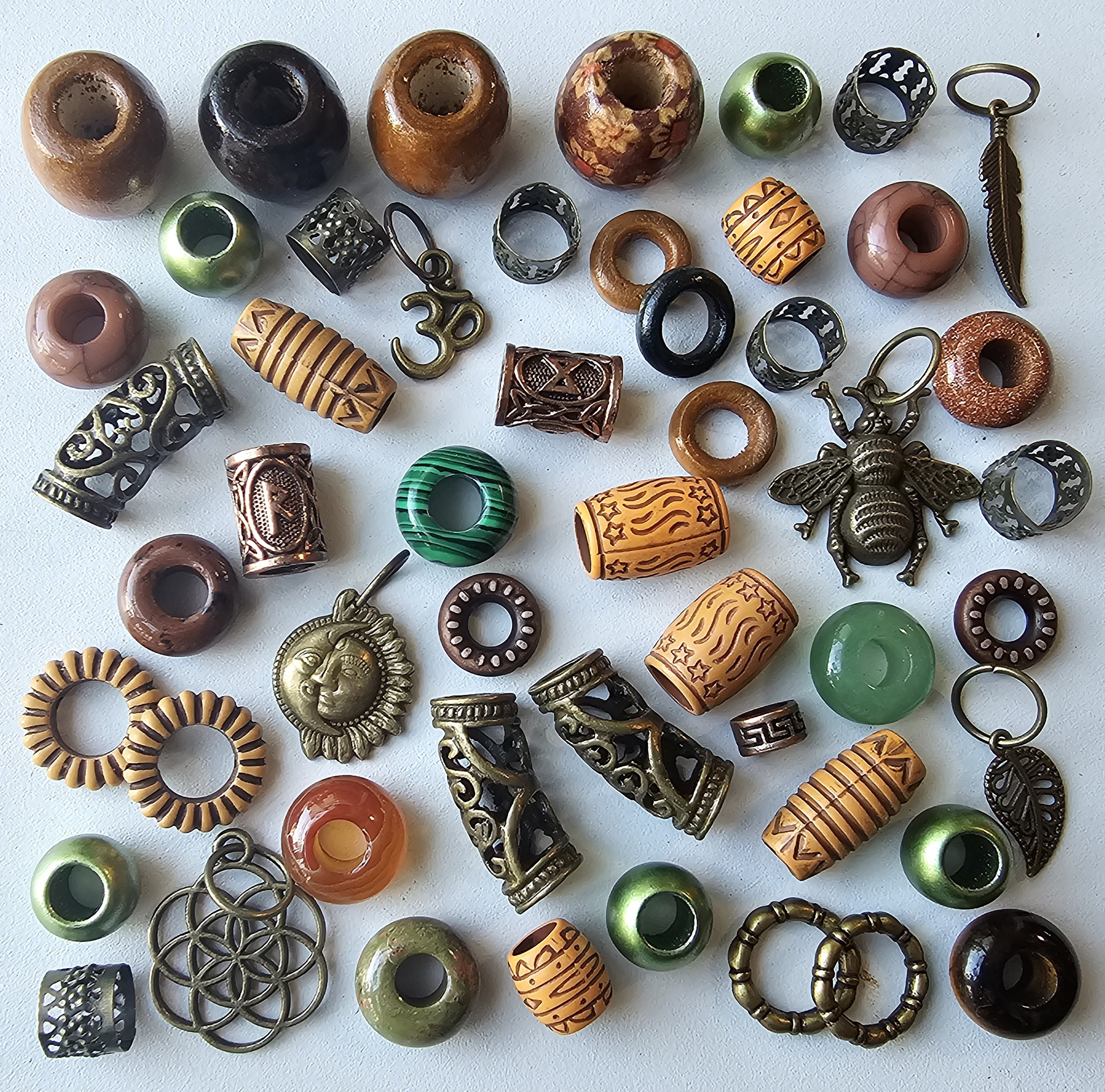 Earthy, 50 Dread Bead Pack with Crystal Gemstones, Beads, Cuffs, Runes and Pendants. Braid Beads, Hippie Style Dreadlock Accessories