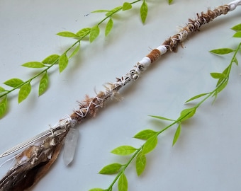 Viking Style Quartz Crystal Hair Wrap with Raven Skull and Sword charms and Clear Quartz Gem Stone Pendant in Creamy Beige And White tones