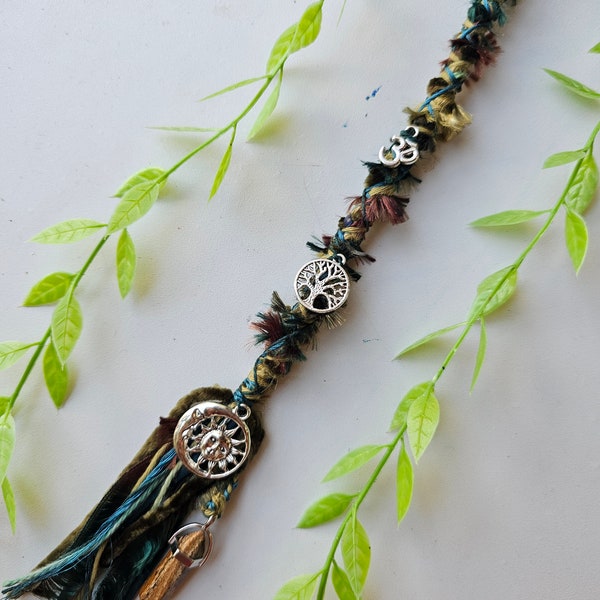 Jasper Crystal Hair Wrap Extension in Deep Earthy Green Tones. Hippie Style Dread Extension Fairy Lock. Om, Tree of Life, Sun & Moon Charms