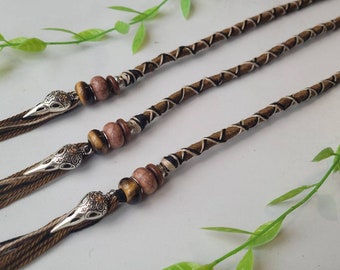 Brown Viking Style Raven Skull & Tigers Eye Crystal Gemstone Hair Wrap. Gothic Style bird Skull Dreadlock Accessory
