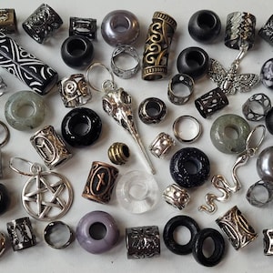 40 Goth Style Dread Beads with Onyx, Black Goldstone Smokey & Clear Quartz Crystals, Snake, Pentagram, Raven Skull, Gothic Death Moth Charms