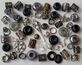 40 Goth Style Dread Beads with Onyx, Black Goldstone Smokey and Clear Quartz Crystals, Snake, Pentagram, Raven Skull & Death Moth Charms