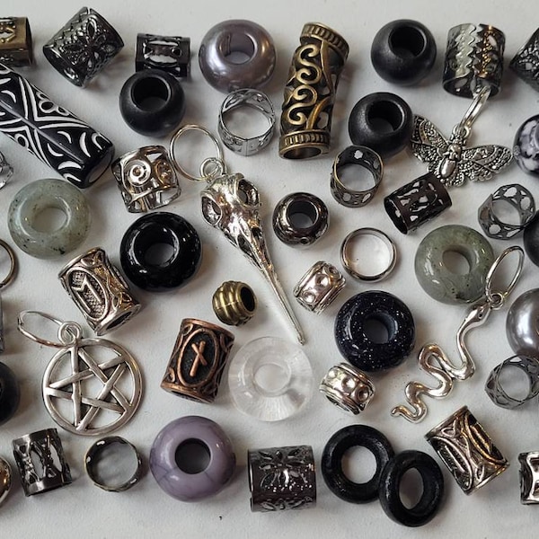 40 Goth Style Dread Beads with Onyx, Black Goldstone Smokey & Clear Quartz Crystals, Snake, Pentagram, Raven Skull, Gothic Death Moth Charms