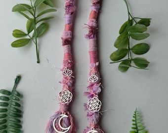 Rose Quartz, Moon, Lotus and Sacred Geometry Flower of Life hippie Style Hair Wrap Extension in Mixed Pinks. Pink Dreadlock Extension