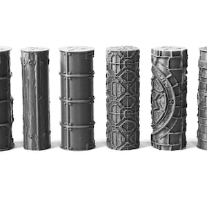 May include: Ten different textured grey columns, each with a unique design, for use in miniature gaming or model building.