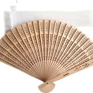 Personalised Sandalwood wood Wedding Fan with Organza Bag, Custom Wooden Fans, Laser Engraved Monogram Special Event Fan hen baby bridal hol