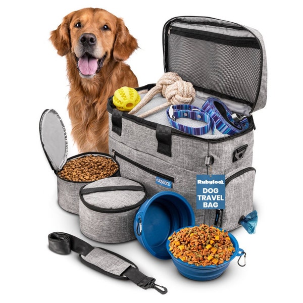 Road Trips Made Easy!  Complete Dog Travel Set includes Dog Travel Bag for Supplies, 2 Collapsible Dog Bowls, 2 Travel Dog Food Containers