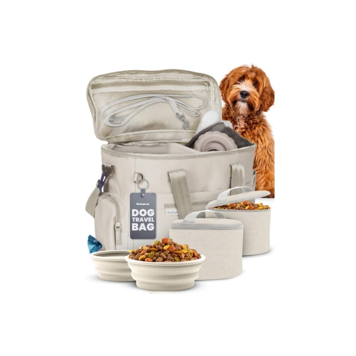 Dog Travel Bag: Pet Road Trip Organizer Kit with Bowls & Food Storage