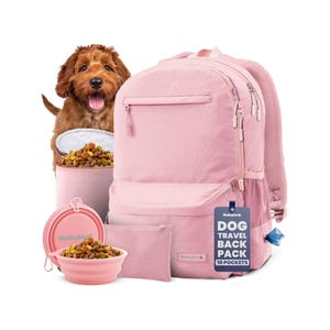 May include: A light pink travel backpack with multiple compartments, a matching food storage container, a collapsible silicone bowl filled with dry kibble, a small rectangular pouch, and a dark blue luggage tag labeled DOG TRAVEL BACK PACK.