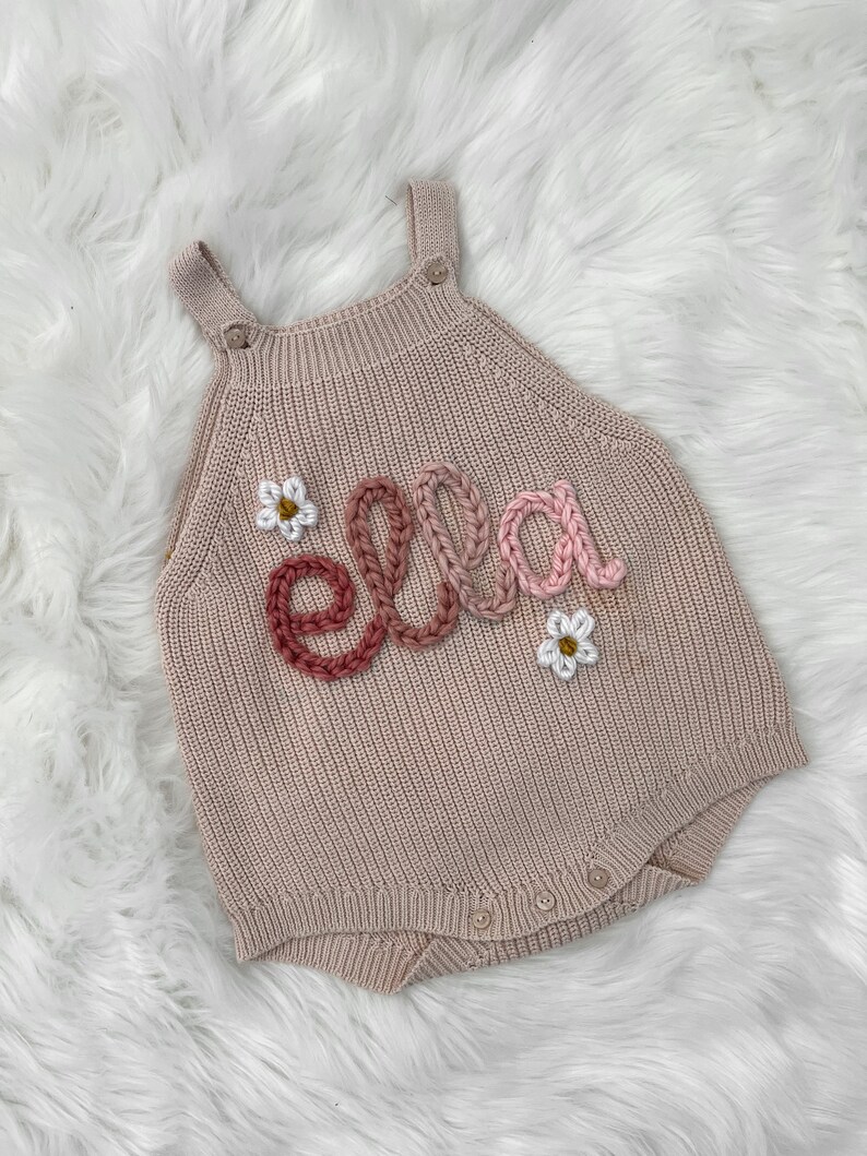 Baby Name Romper, 100% Organic Cotton, Personalized Baby Romper with Name, Embroidered Baby Romper, OVERSIZED 6M 24M, Sand Color image 5