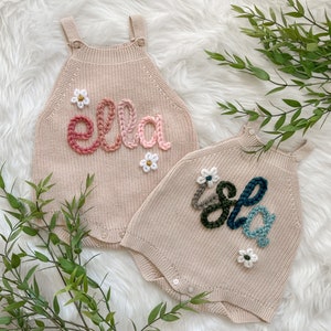 Baby Name Romper, 100% Organic Cotton, Personalized Baby Romper with Name, Embroidered Baby Romper, OVERSIZED 6M 24M, Sand Color image 1