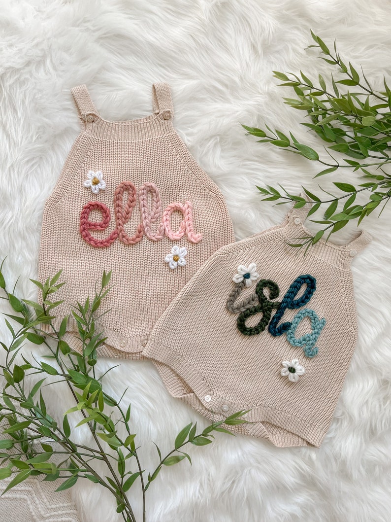 Baby Name Romper, 100% Organic Cotton, Personalized Baby Romper with Name, Embroidered Baby Romper, OVERSIZED 6M 24M, Sand Color image 1