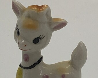 Rare Pink Polka Dot Yellow Bell Large Eyed Big Eyelashes Fawn Lamb Cow Japan Kitsch Small Figurine Collectible