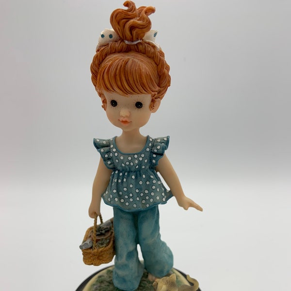 Vintage ANRI Italy Sarah Kay To the Garden Limited Edition #410 Resin Figurine Polka dot shirt and hair bow, jeans, garden basket tools cat