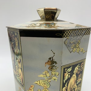 Rare Vintage Peek Freans China Tea Caddy Tin Biscuit England Collectible Asian Scenery Aged Patina 1940-1950 circa