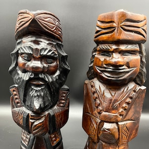 Vintage Pair of Japanese Wood Carved Ainu Doll Statues Hokkaido Japanese Folk Art Home Office Studio Decor Gift Idea