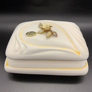 Italian Capodimonte Ceramic Rose, Gold and Yellow Accent Hinged Porcelain Bisque Jewellery Stamped Heirloom Gift Design Decor Bedroom Rare