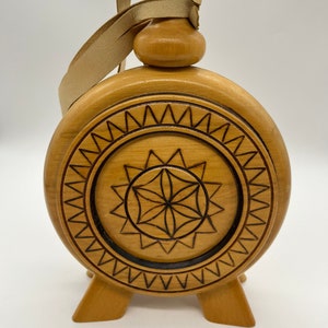 Folk Art Hand Carved Wooden Water Bottle Canteen Decanter Pyrography Press Leather Strap Footed Stand Decor Piece