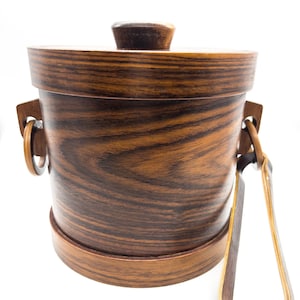 Vintage Wood Ice Bucket with Metal Insert Ring Handles and Matching Tongs Barware Entertaining Accessory Cooler Bucket MCM Decor Gift Idea