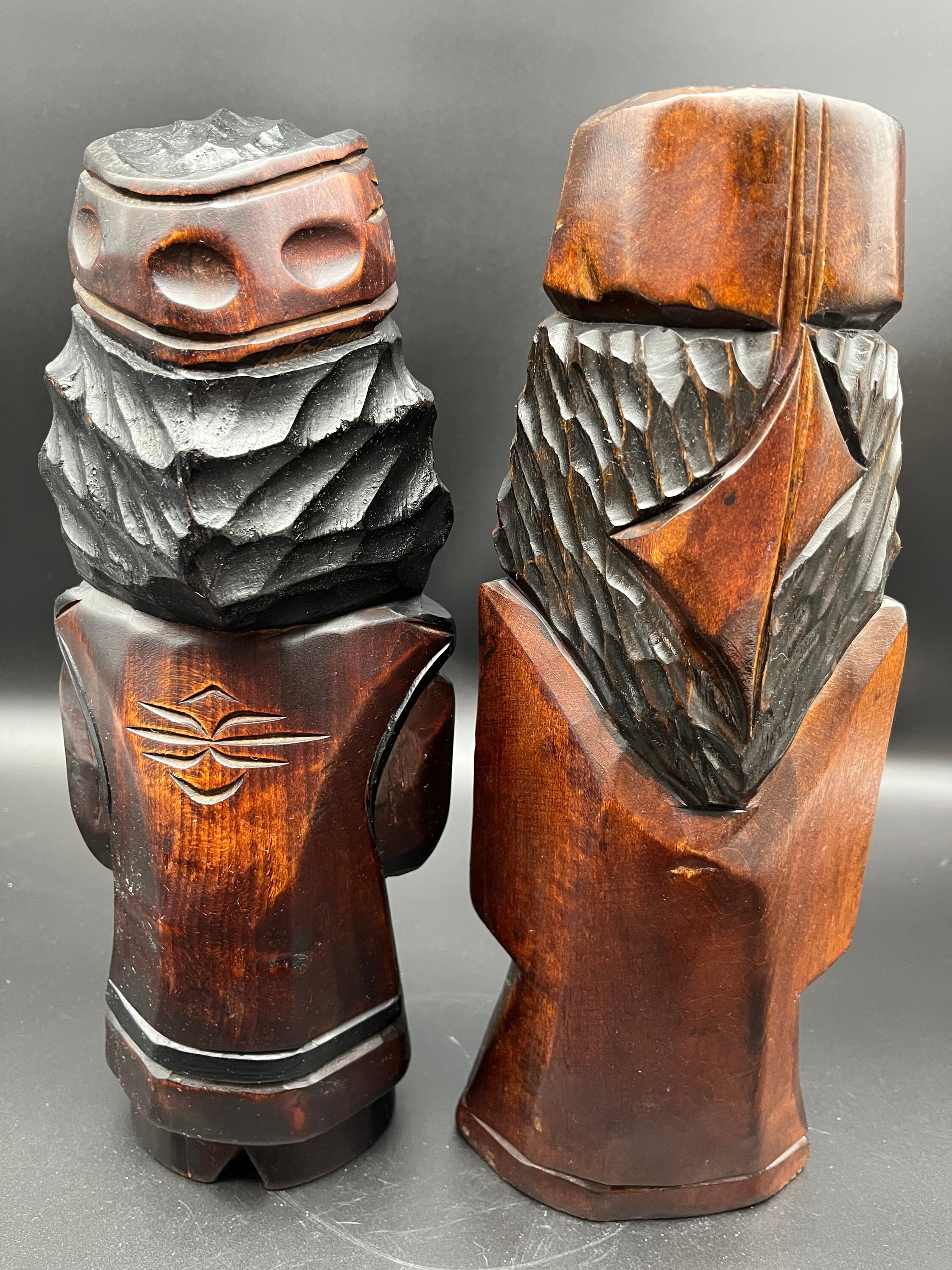 Vintage Pair of Japanese Wood Carved Ainu Doll Statues
