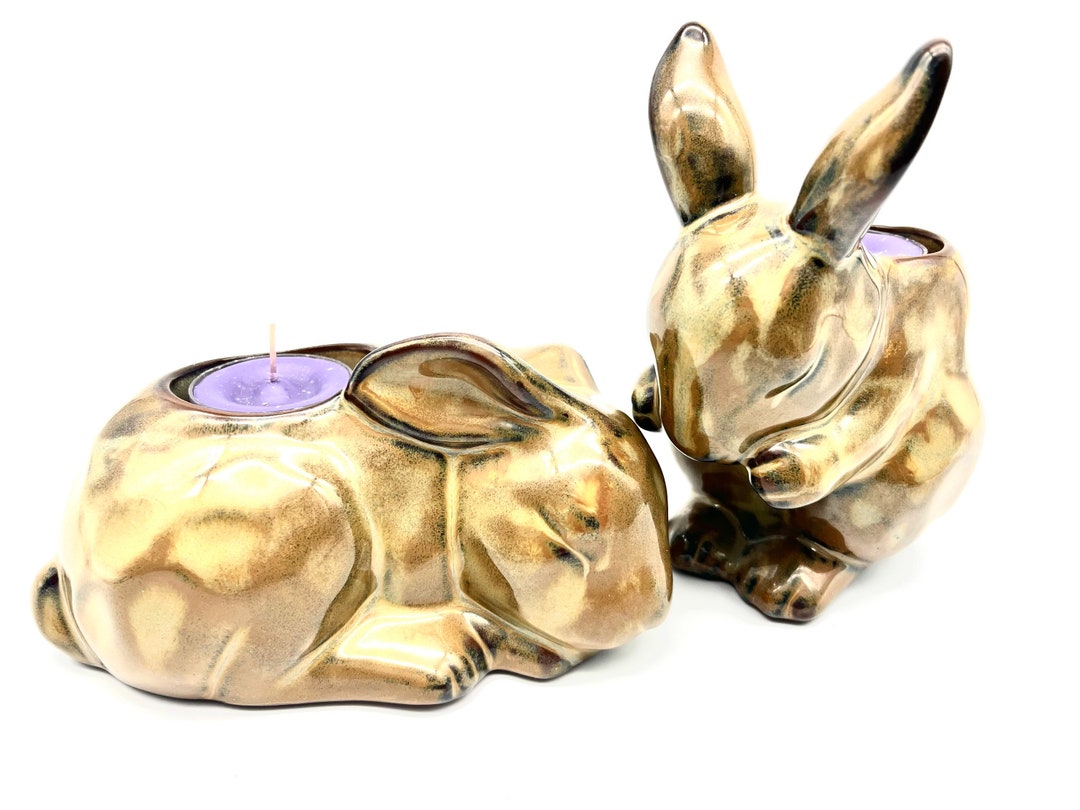 Vintage 1990's Partylite Rabbits Glazed Brown Ceramic Tealight Set of ...