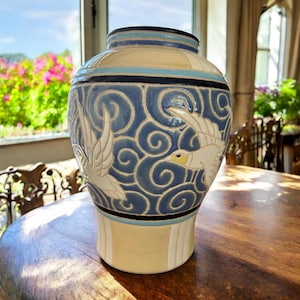 Antique Boch Freres Keramis Manner Birds In Flight Relief Pottery Vase Ceramics