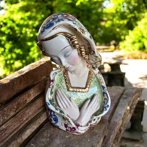 Vintage Virgin Mary Madonna Bust Handpainted Made in Italy Christian Religious Sculpture
