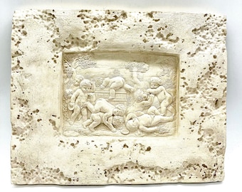 Vintage Cherub Angel Putti Wall Relief Mythological Sculptural Stone Art Hanging Architectural Wall Plaque Italian Style Decor