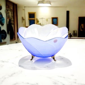 Vintage Unique Italian Made Smoky Blue Silk Art Glass Bowl Carved Detailed Pedestal Legs Linea Rena Ogetti in Vetro