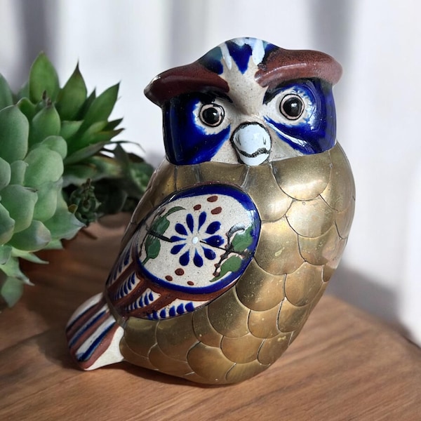 Vintage Brass and Ceramic Owl Mexican Tonala Sculpture 5.5 in High