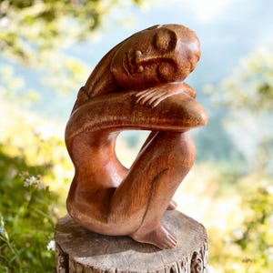 Wooden Handcarved Sculpture Naked Woman Head On Knees Decor Gift Idea