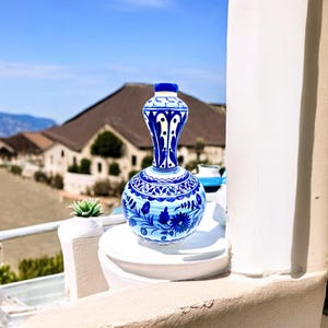 Vintage Blue and White Spanish Mediterranean Floral Design Hand Painted 16 inch Large Vase Vessel Water Jug Decor Item Gift Idea
