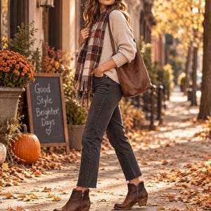 May include: A beige long-sleeve jumper, dark grey cropped jeans, and a brown leather shoulder bag. A plaid scarf in shades of brown, white, and black with fringe edges is worn over the jumper. Brown leather ankle boots with side zips.