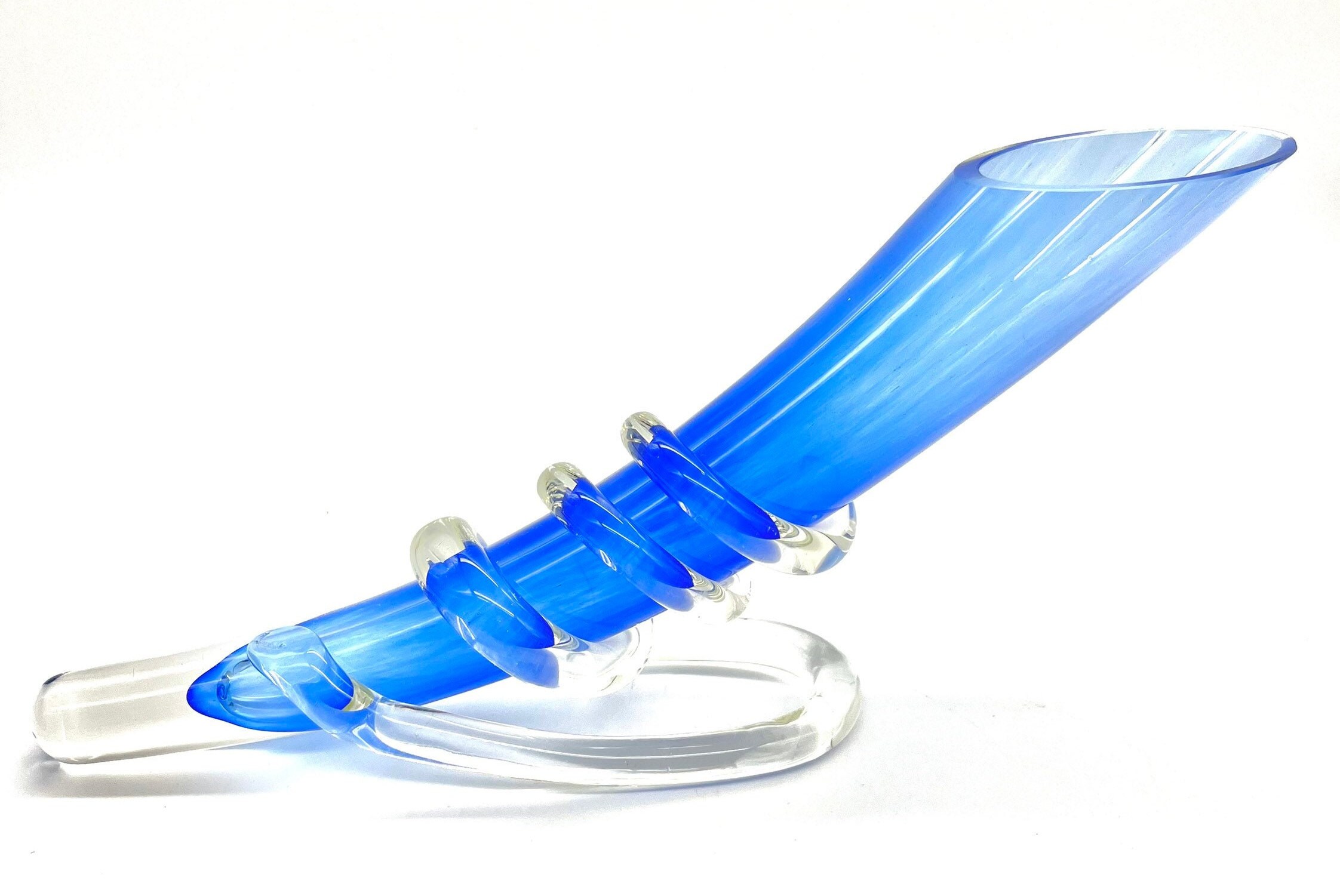 Royal Blue Cornucopia Trumpet Style Spiraled Art Glass HandBlown Sculpted Vase Signed by Artist Unique Decor Designer Piece Gift Idea