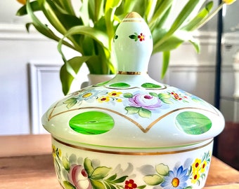 Bohemian White Handpainted Florals Cut to Green Glass Pedestal Candy Dish Decor Gift Idea